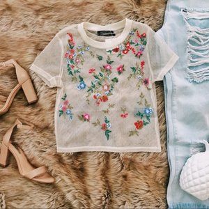 Off White Mesh Floral Embroidered Cropped Tee
